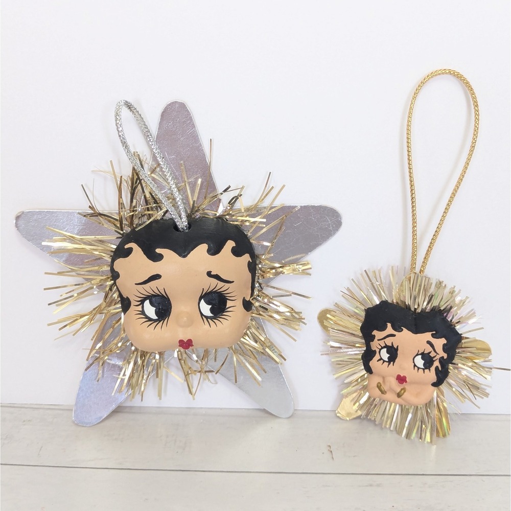Vtg Handmade Betty Boop Christmas Ornaments Tinsel Star Hand-Painted Retro Set